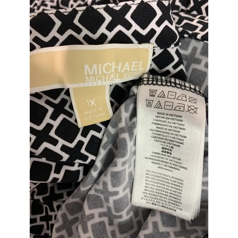 Size 1X Michael Kors Black White Belted Dress Chain Lace Up Neckline